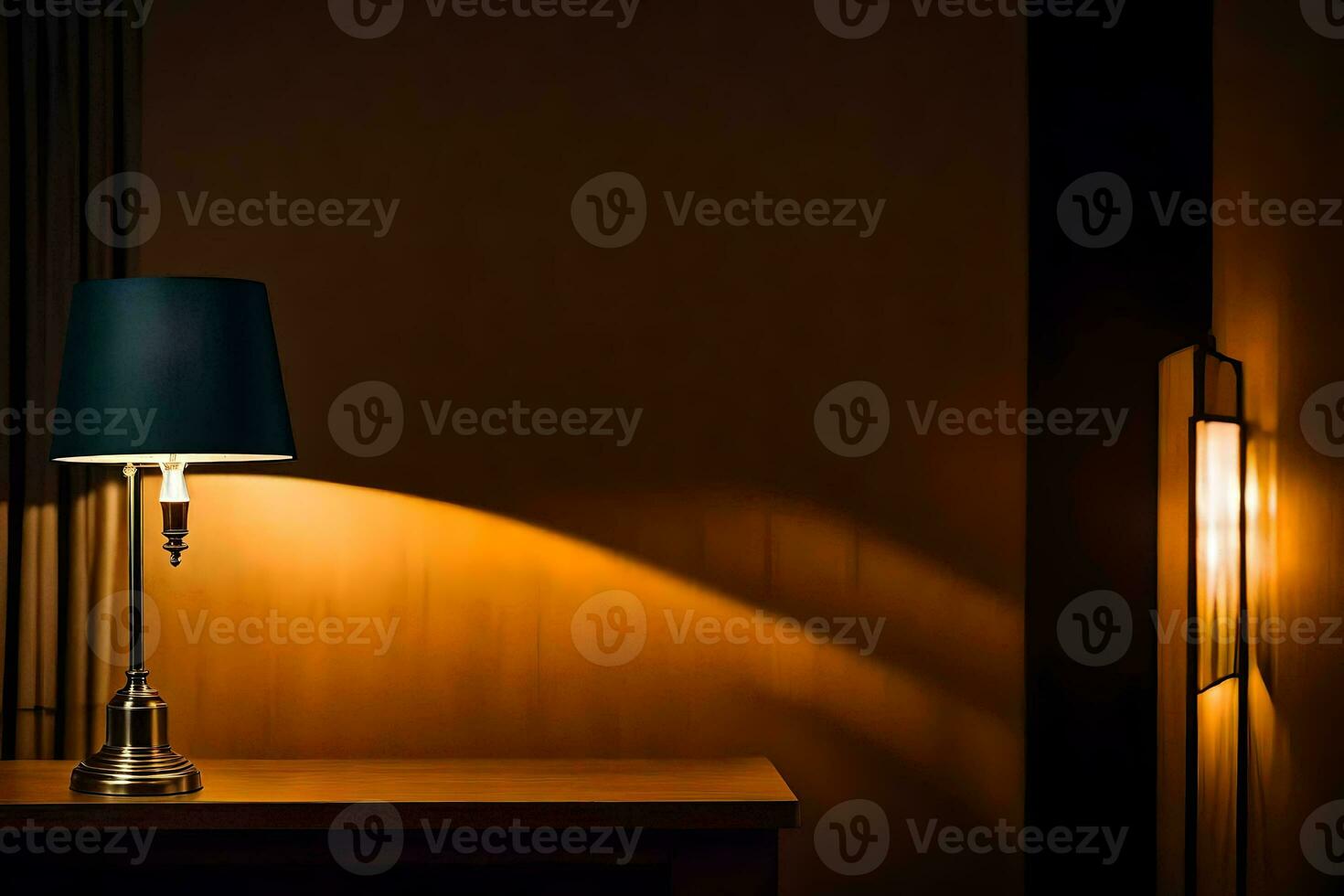 a lamp on a table in front of a wall. AI-Generated photo