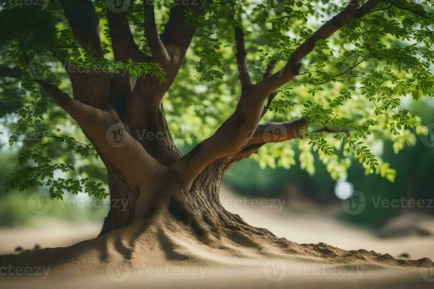 a tree with roots in the sand. AI-Generated photo