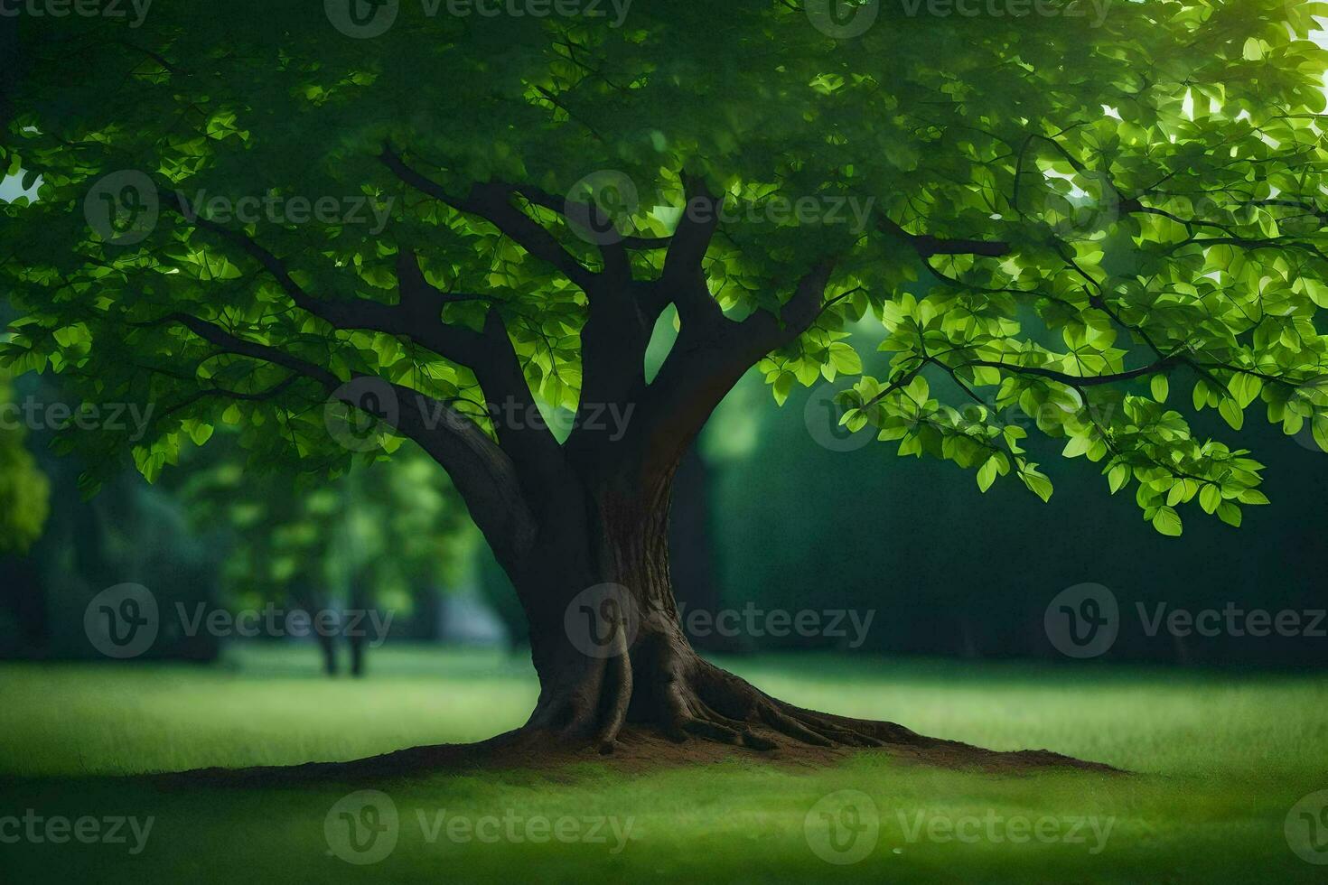 a tree in a field with green leaves. AI-Generated photo