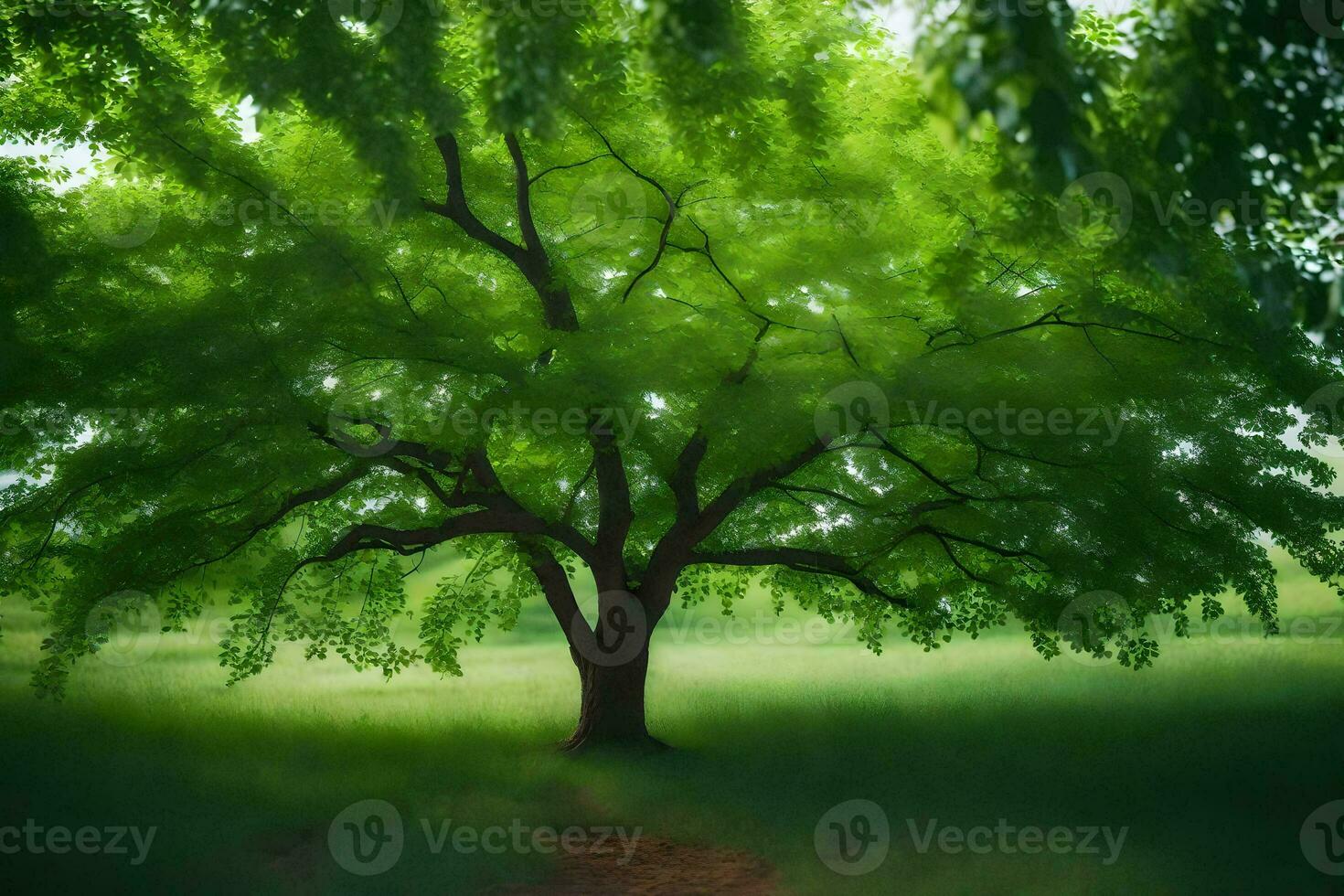 a tree in the middle of a green field. AI-Generated photo