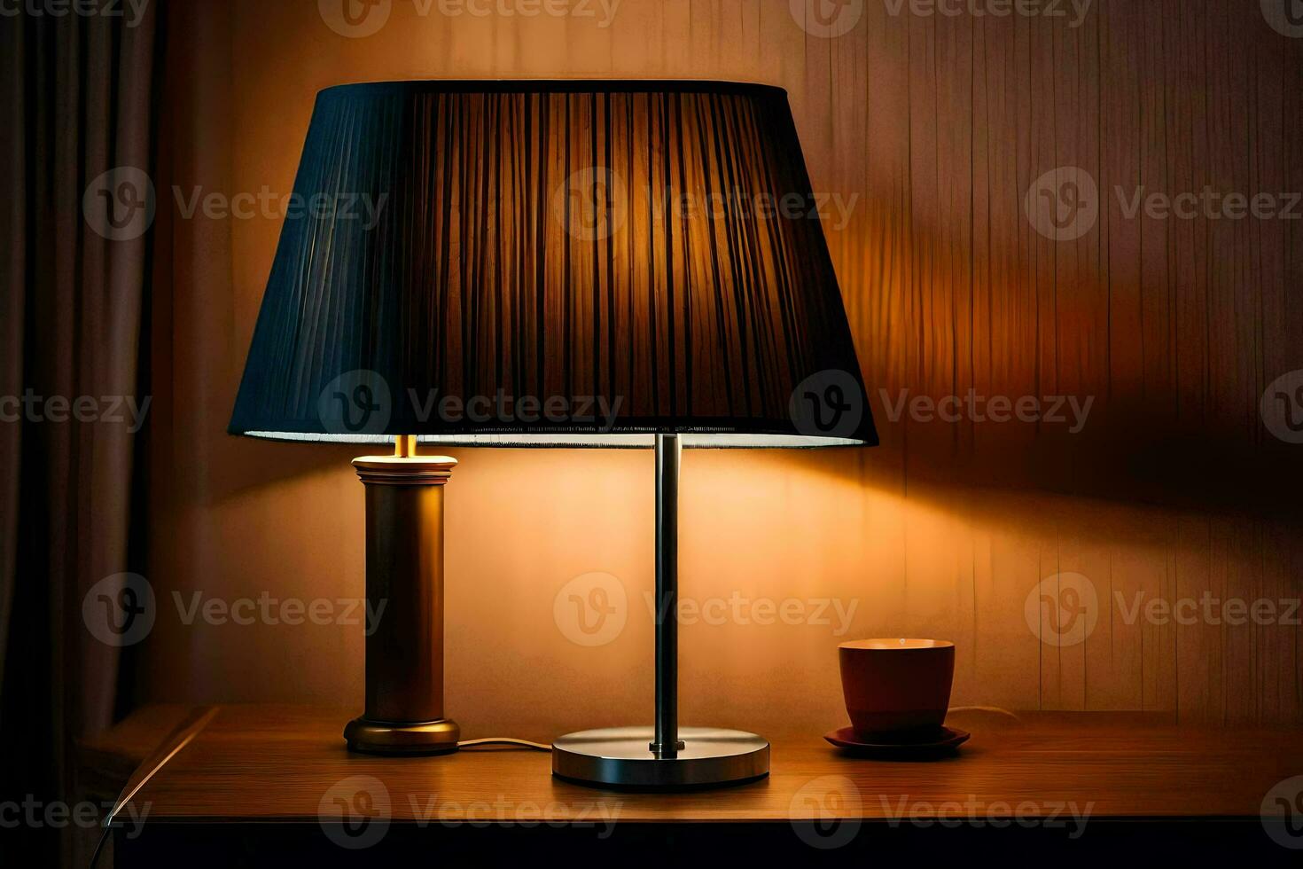 a lamp on a table next to a cup of coffee. AI-Generated photo
