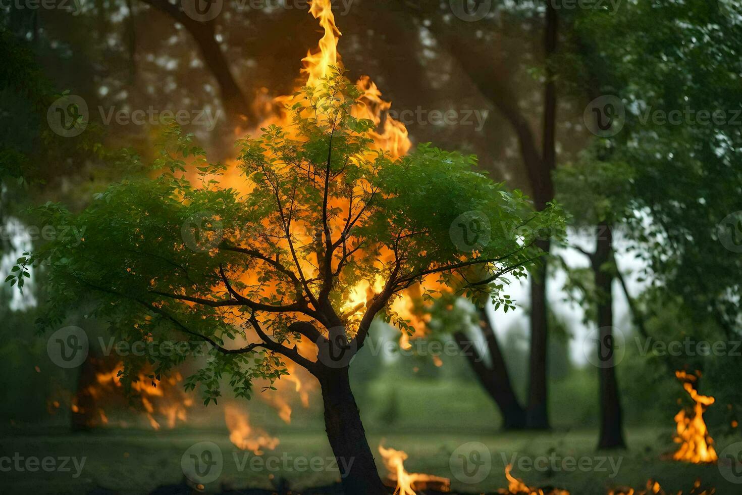 a tree is burning in the grass with a fire. AI-Generated photo