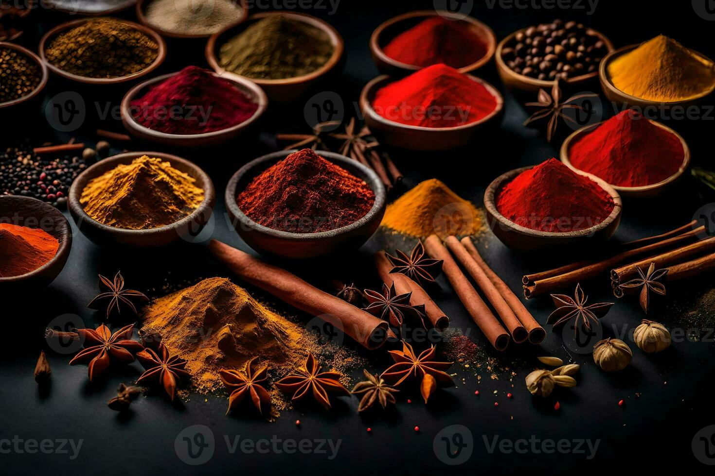 various spices and herbs in bowls on a black background. AI-Generated photo