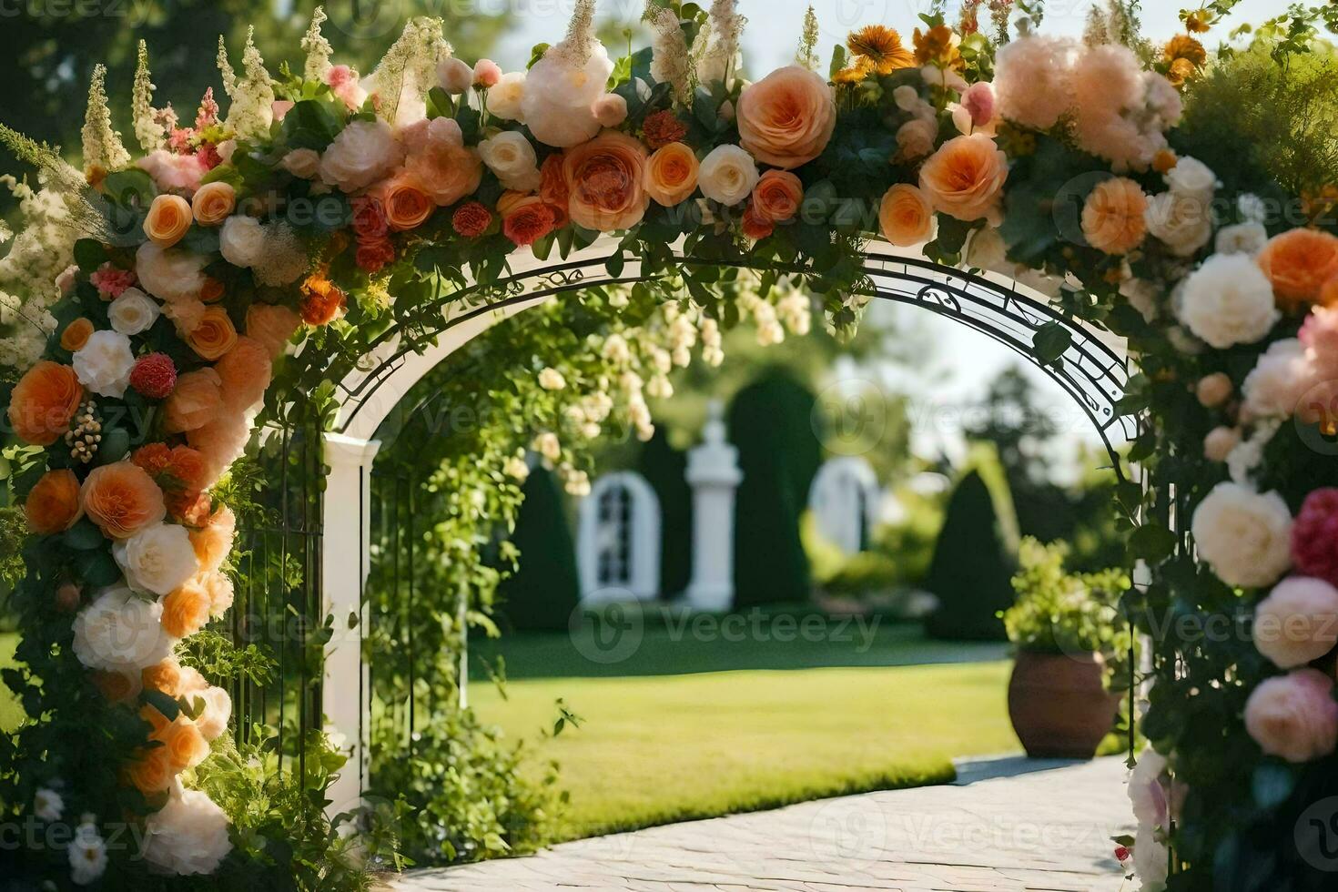 un arco con flores y verdor. generado por ai foto