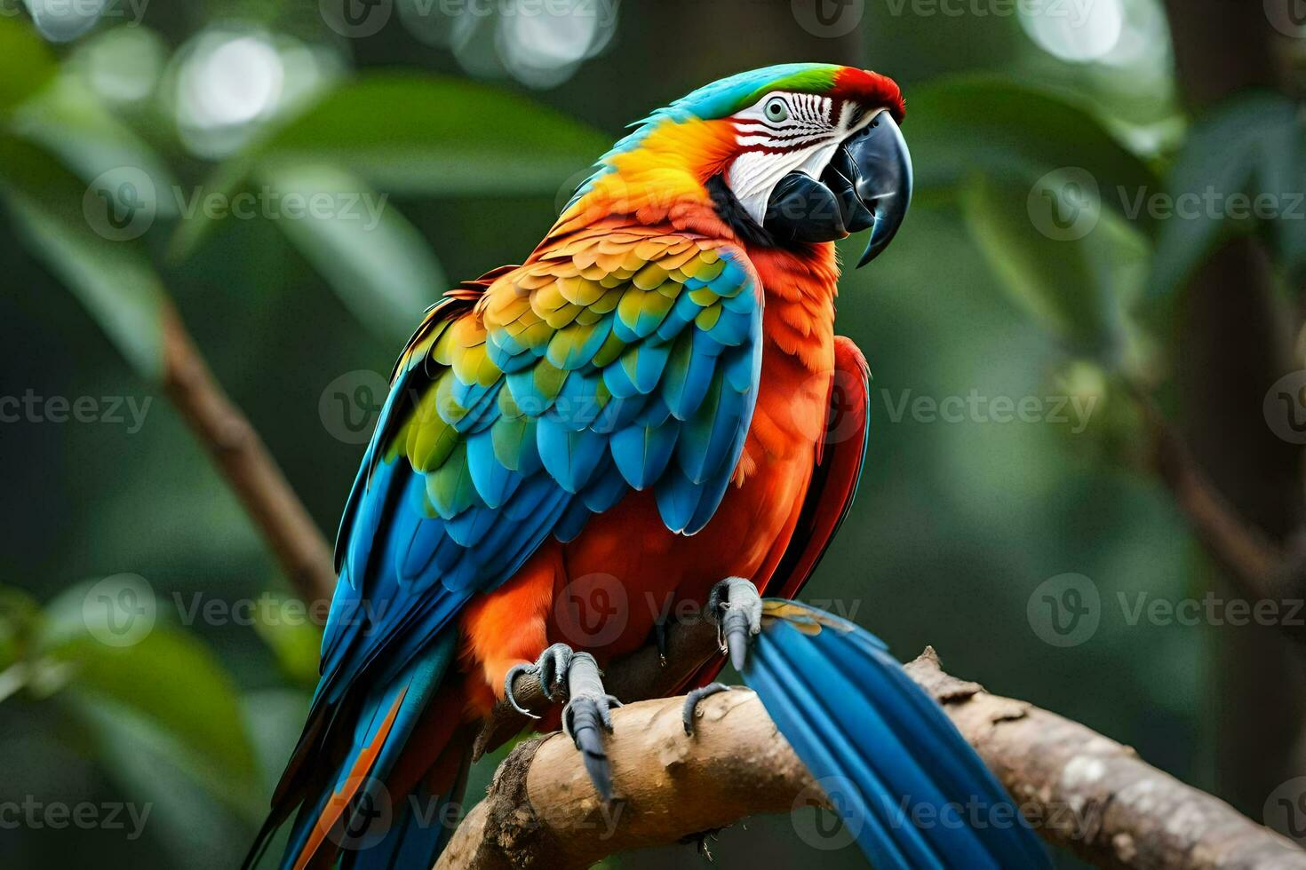 a colorful parrot sits on a branch. AI-Generated photo