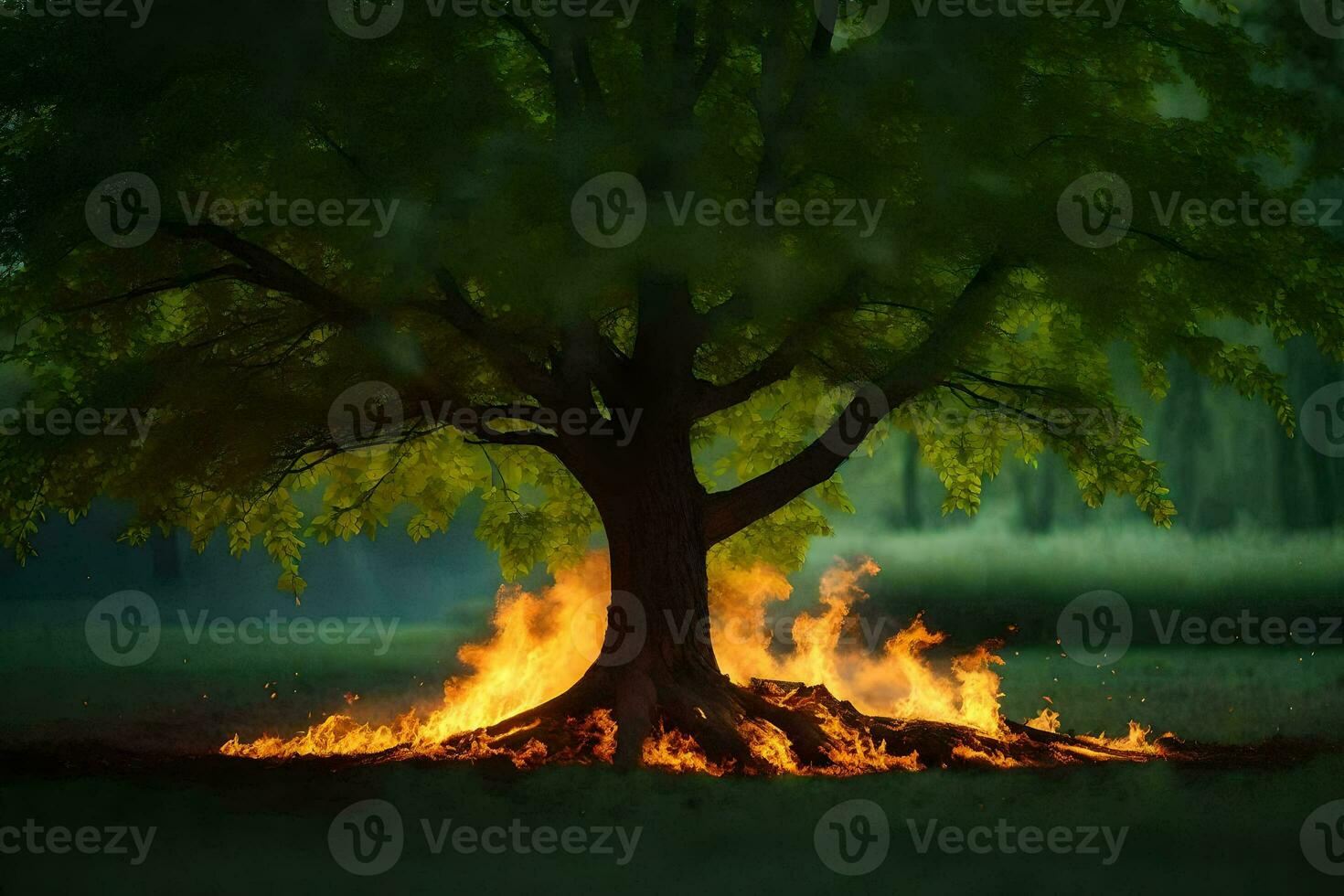 a tree with flames coming out of it in the middle of a field. AI-Generated photo