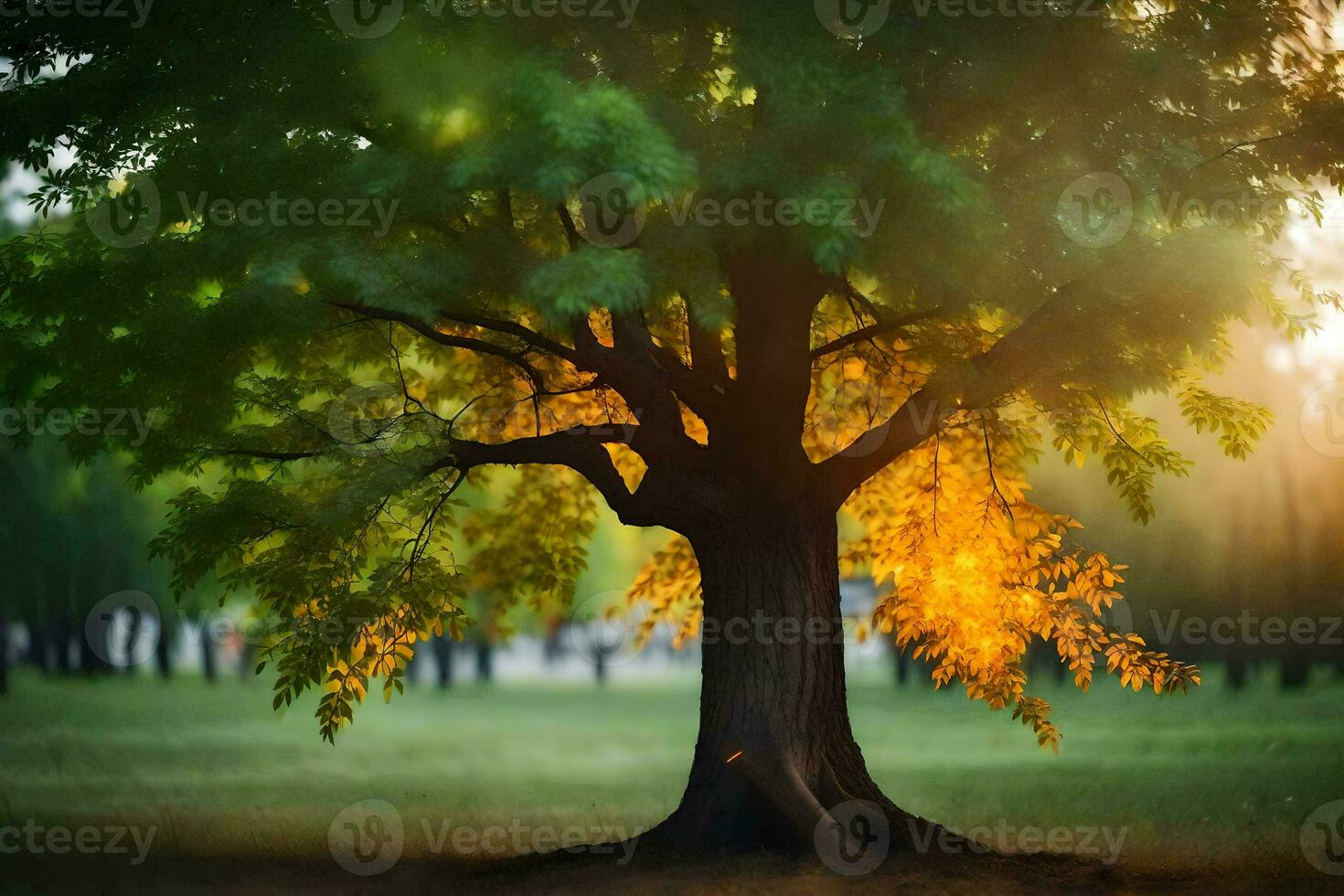 un árbol en un campo con el Dom brillante mediante él. generado por ai foto