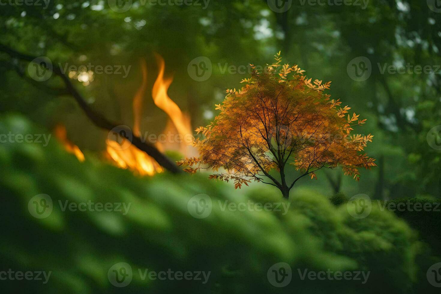 un pequeño árbol en el medio de un bosque. generado por ai foto