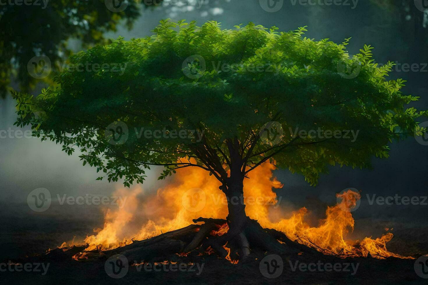 a tree is burning in the middle of a field. AI-Generated photo