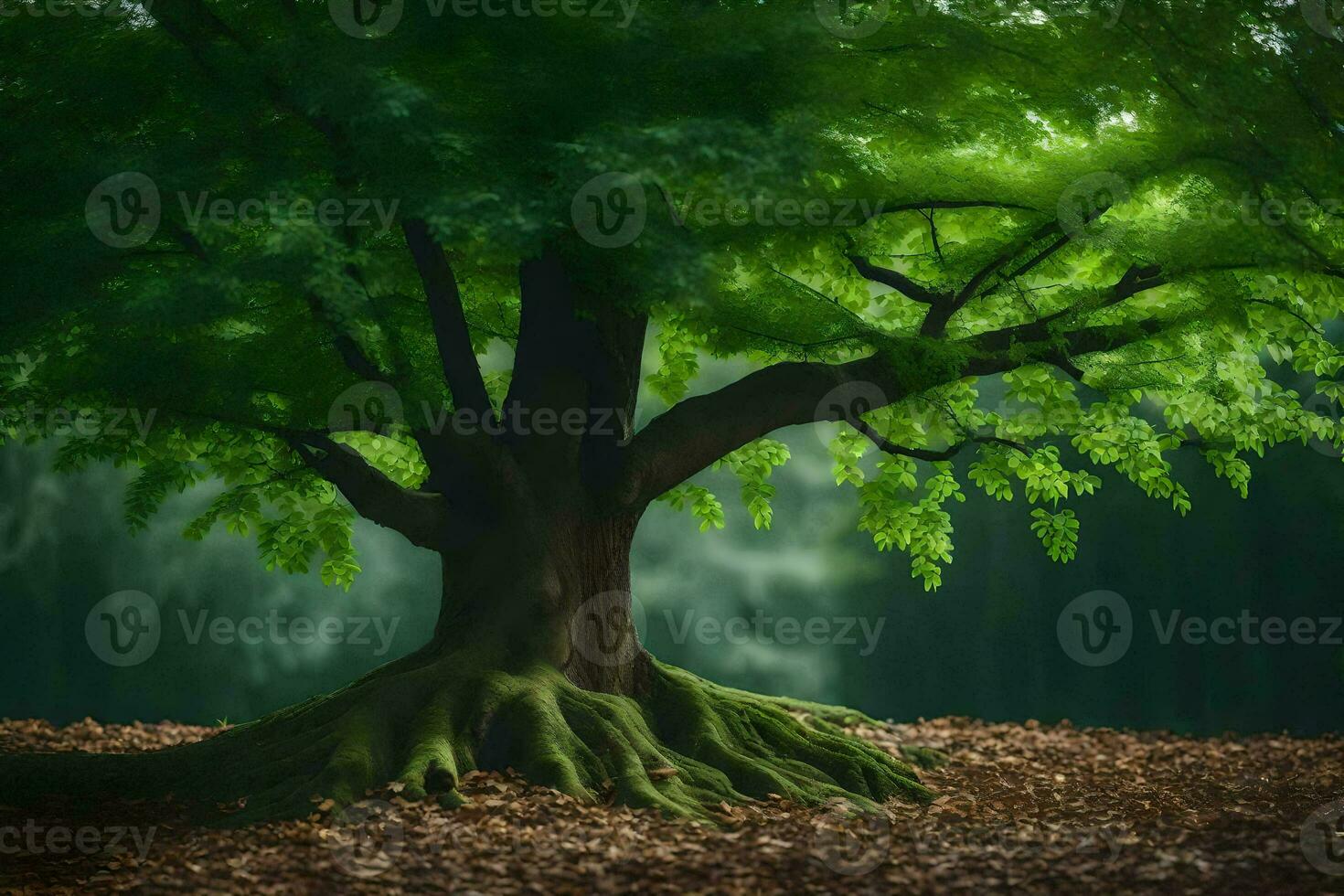 a large tree with roots in the ground. AI-Generated photo