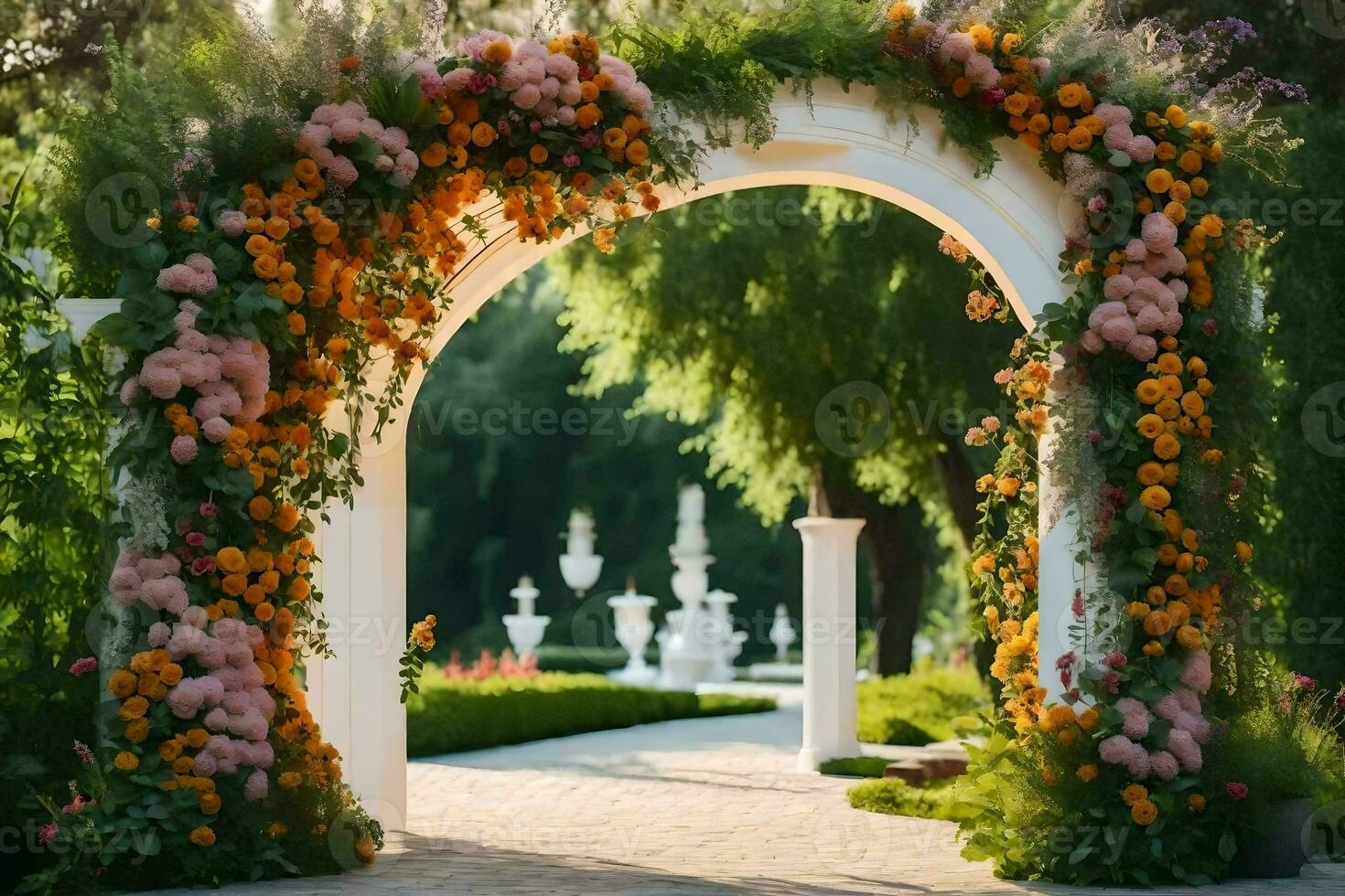an archway with flowers and greenery. AI-Generated photo