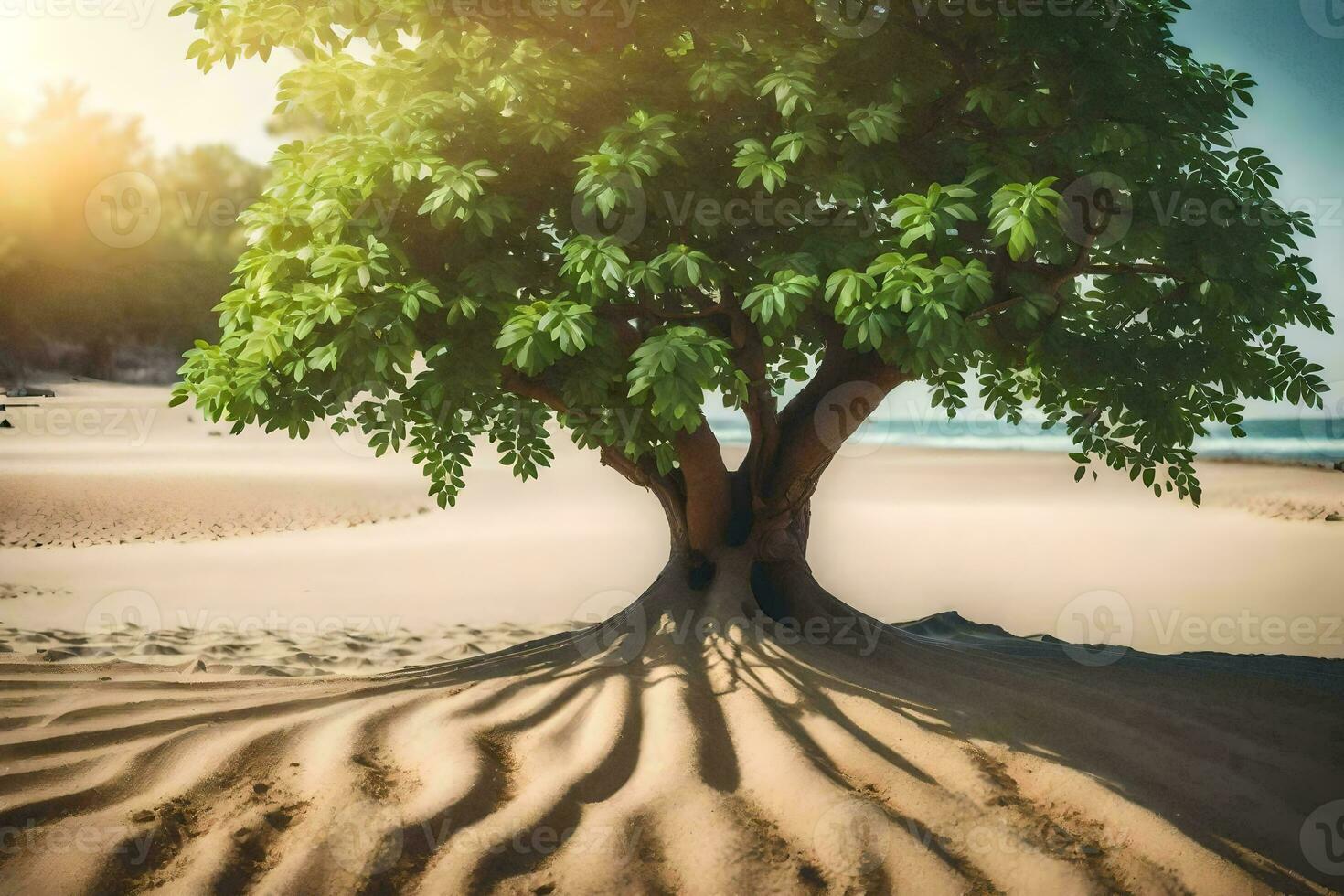a tree with roots on the beach. AI-Generated photo