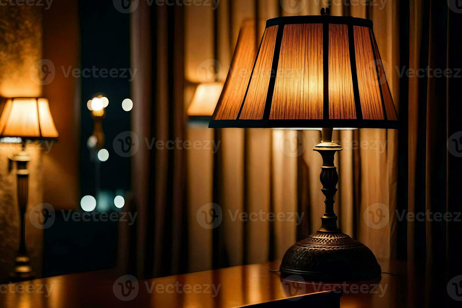 a lamp on a table in a dark room. AI-Generated photo