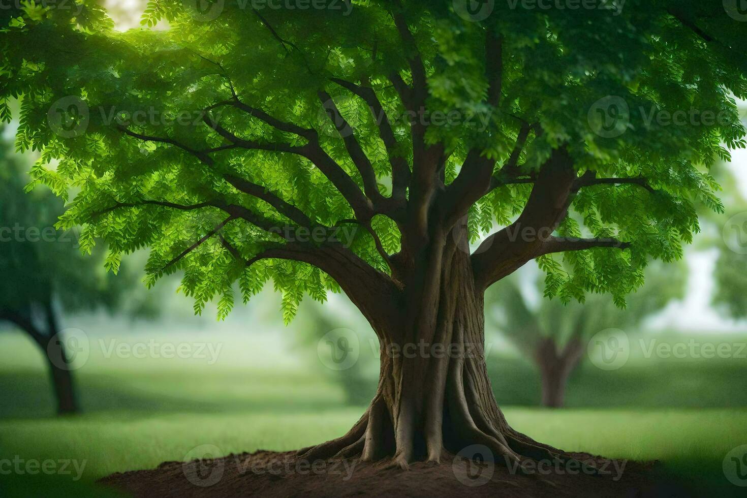 a tree with green leaves in the middle of a field. AI-Generated photo