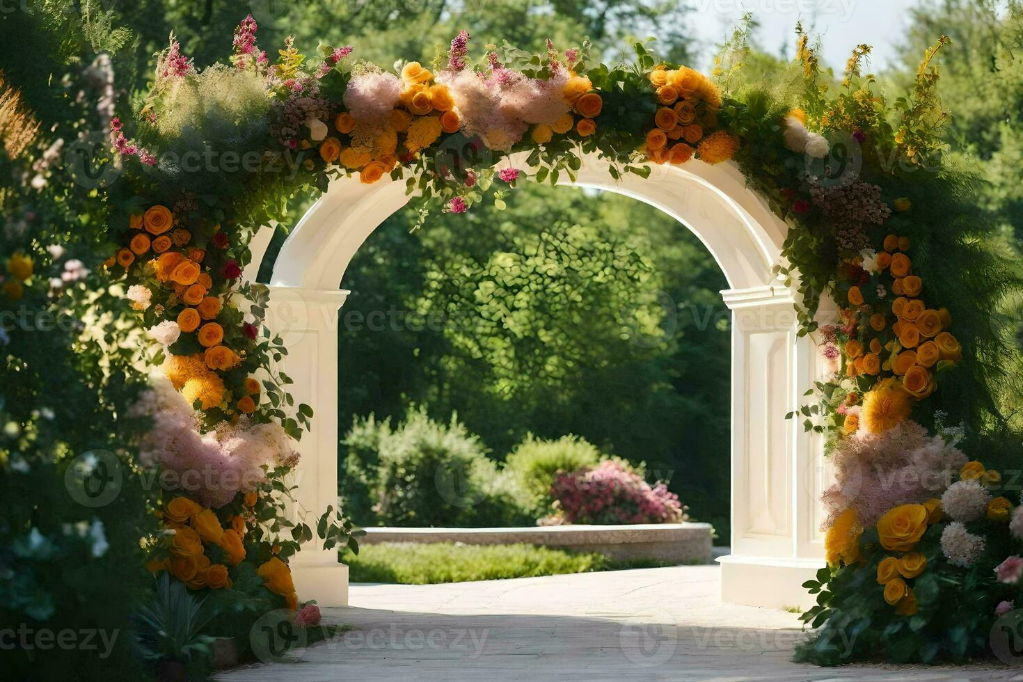 a wedding arch decorated with flowers. AI-Generated photo