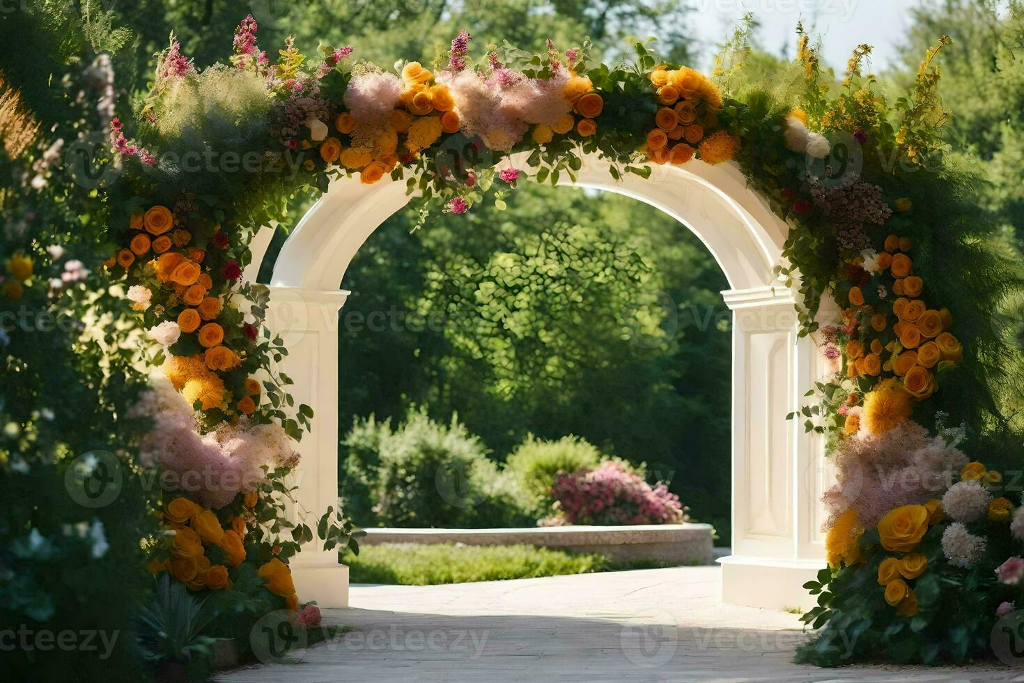 un Boda arco decorado con flores generado por ai foto