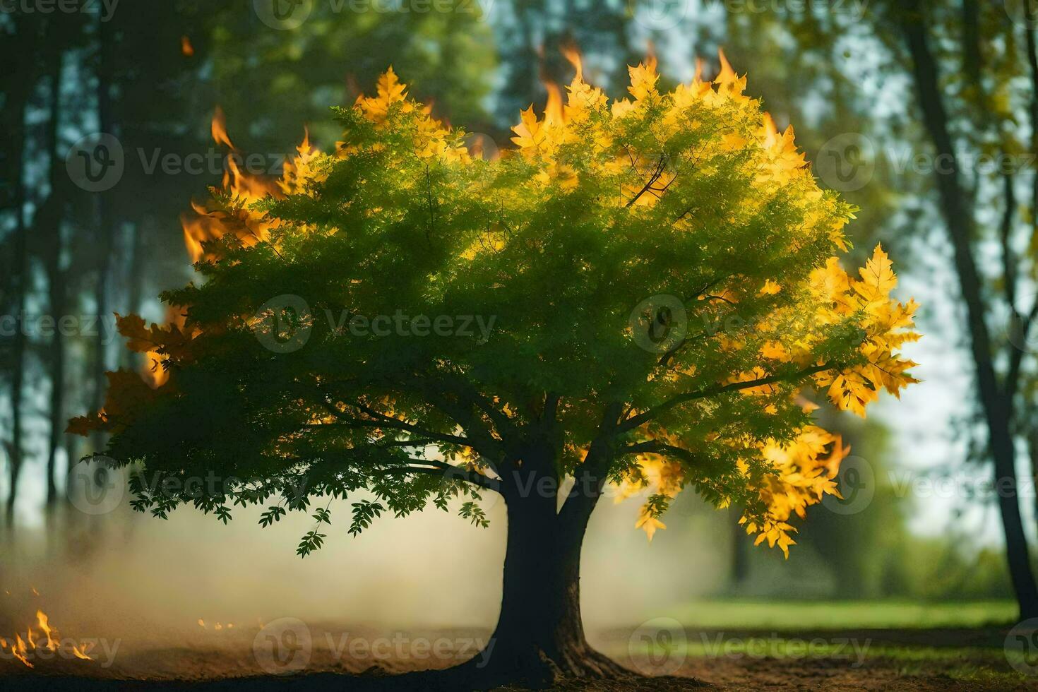 a tree with flames coming out of it in the middle of a field. AI-Generated photo