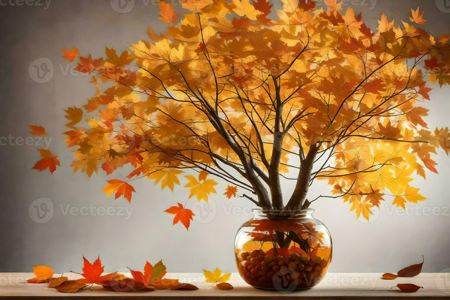 autumn leaves in a vase on a table. AI-Generated photo