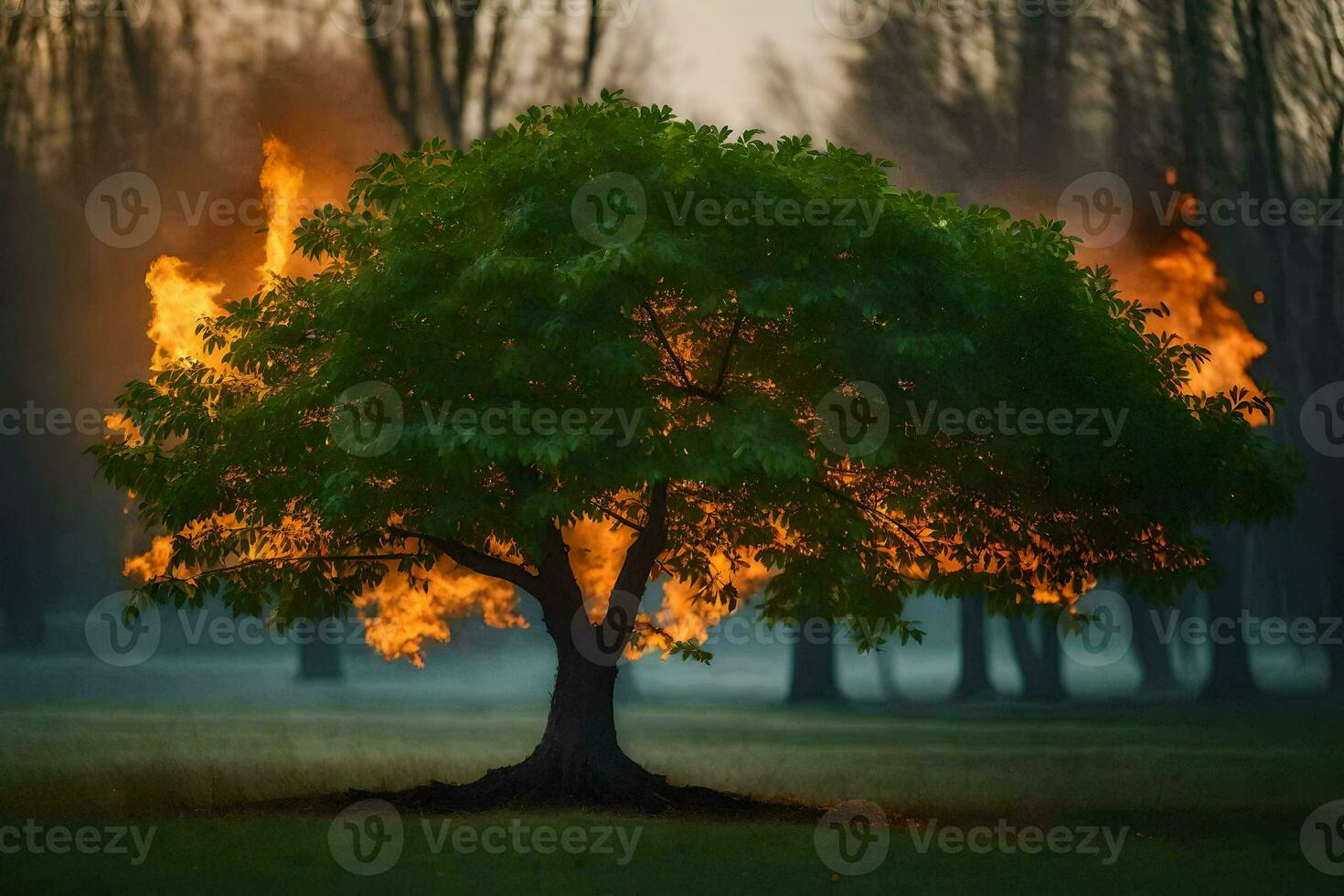 a tree with flames coming out of it in the middle of the field. AI-Generated photo