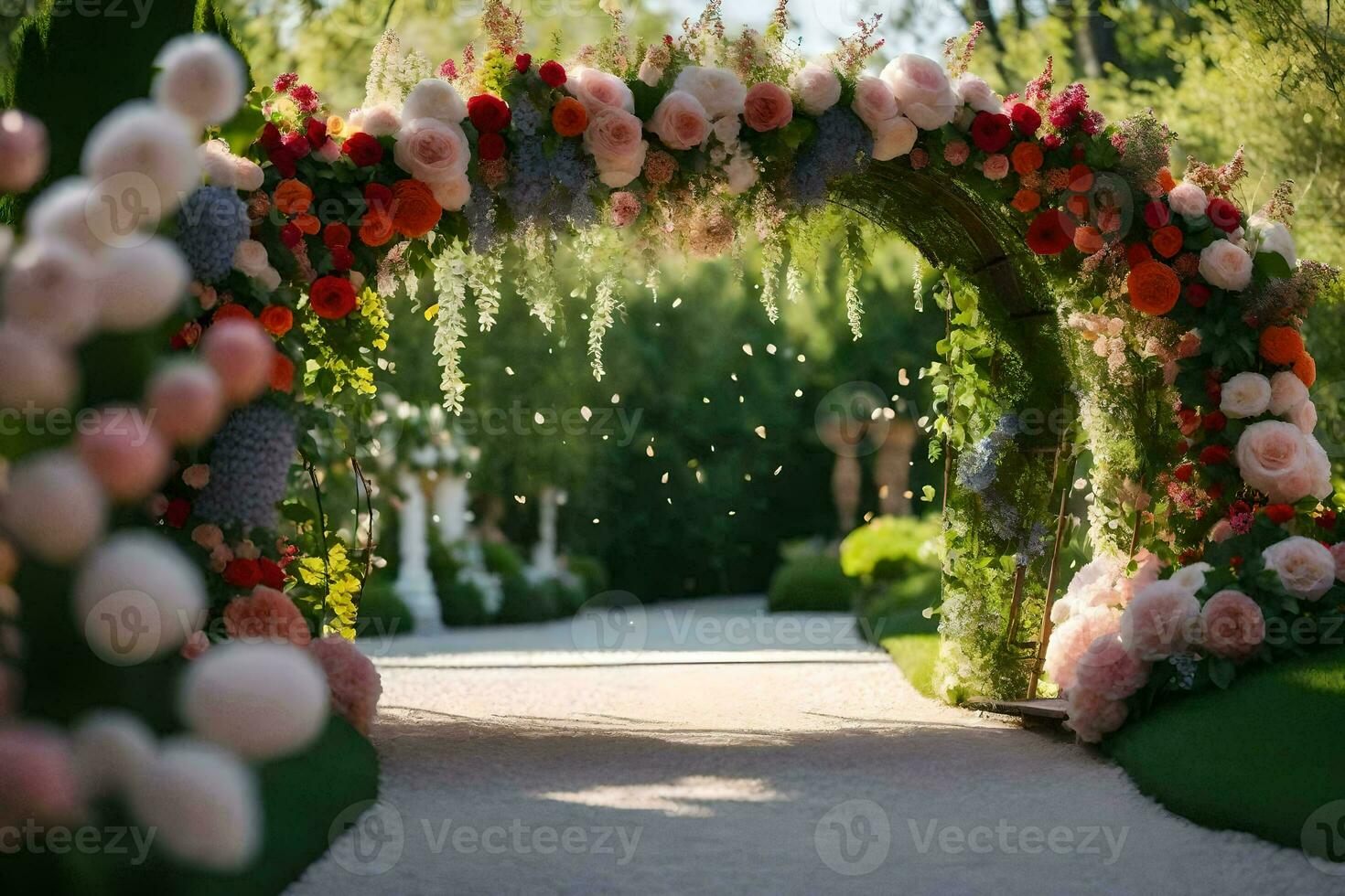 a walkway with flowers and a archway. AI-Generated photo