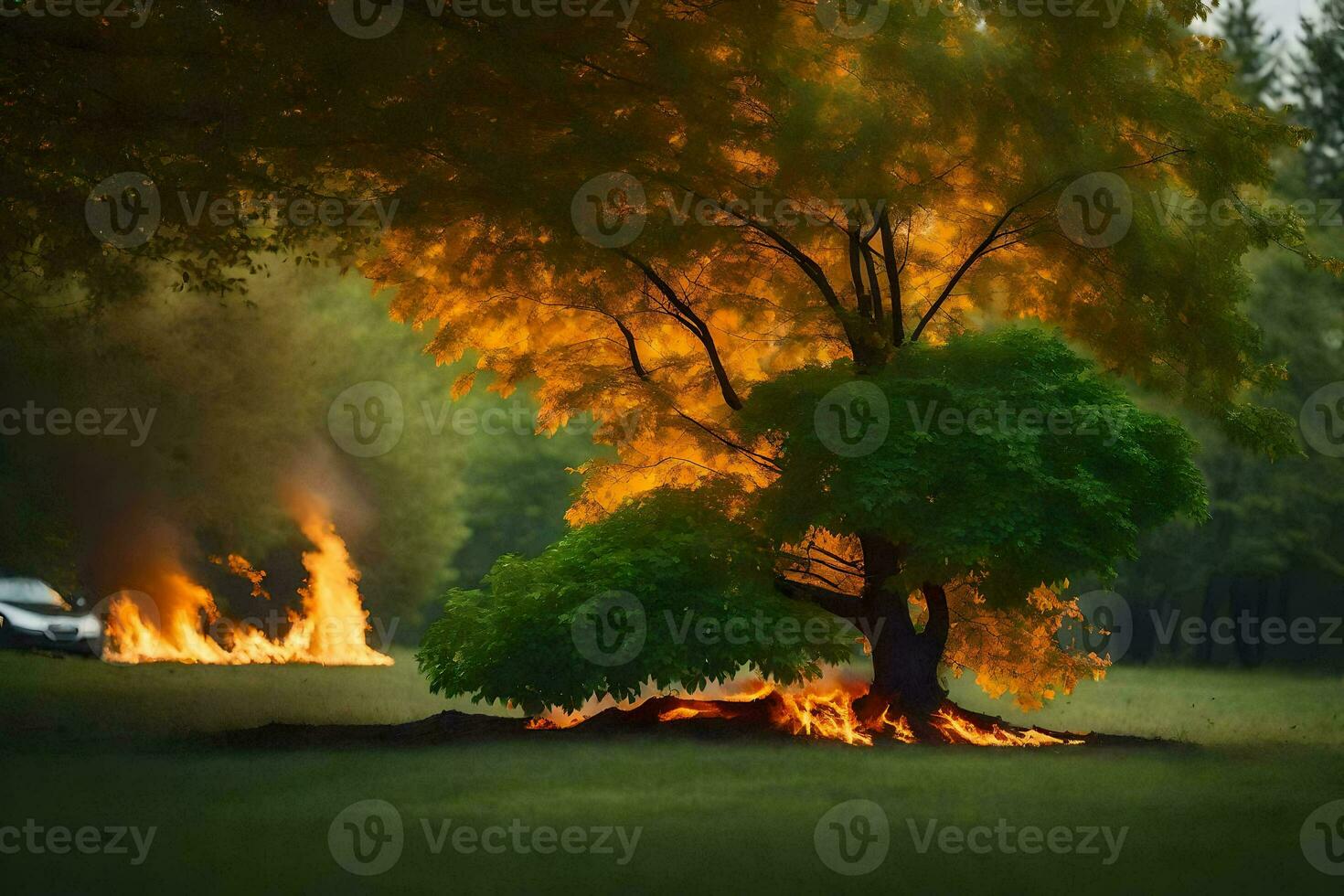 a tree is burning in the grass with a car in the background. AI-Generated photo