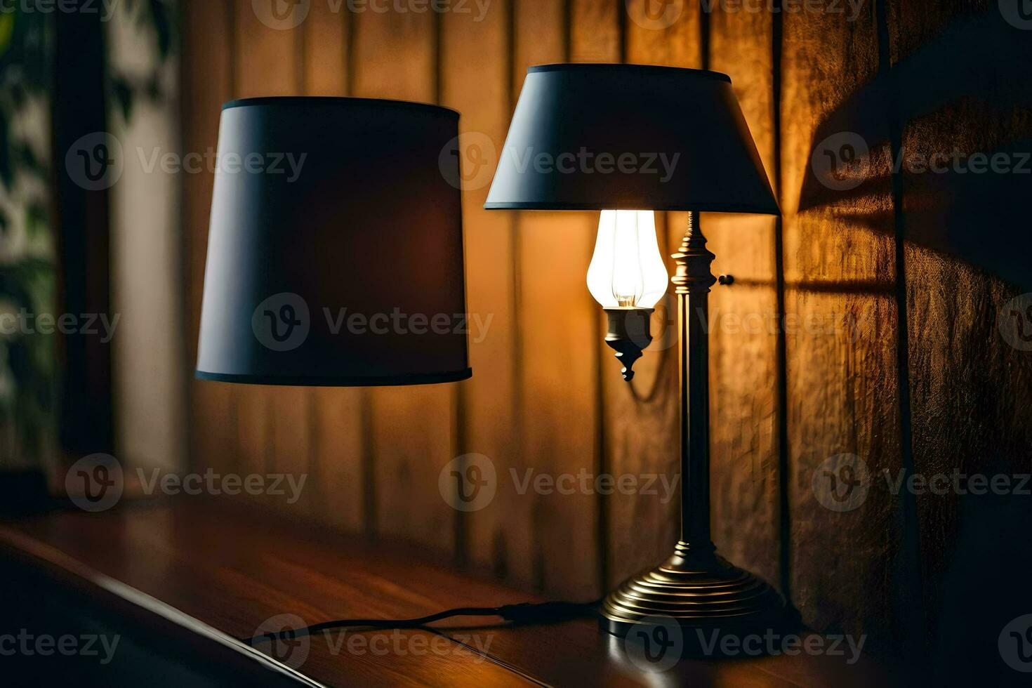 a lamp with a black shade on a wooden table. AI-Generated photo