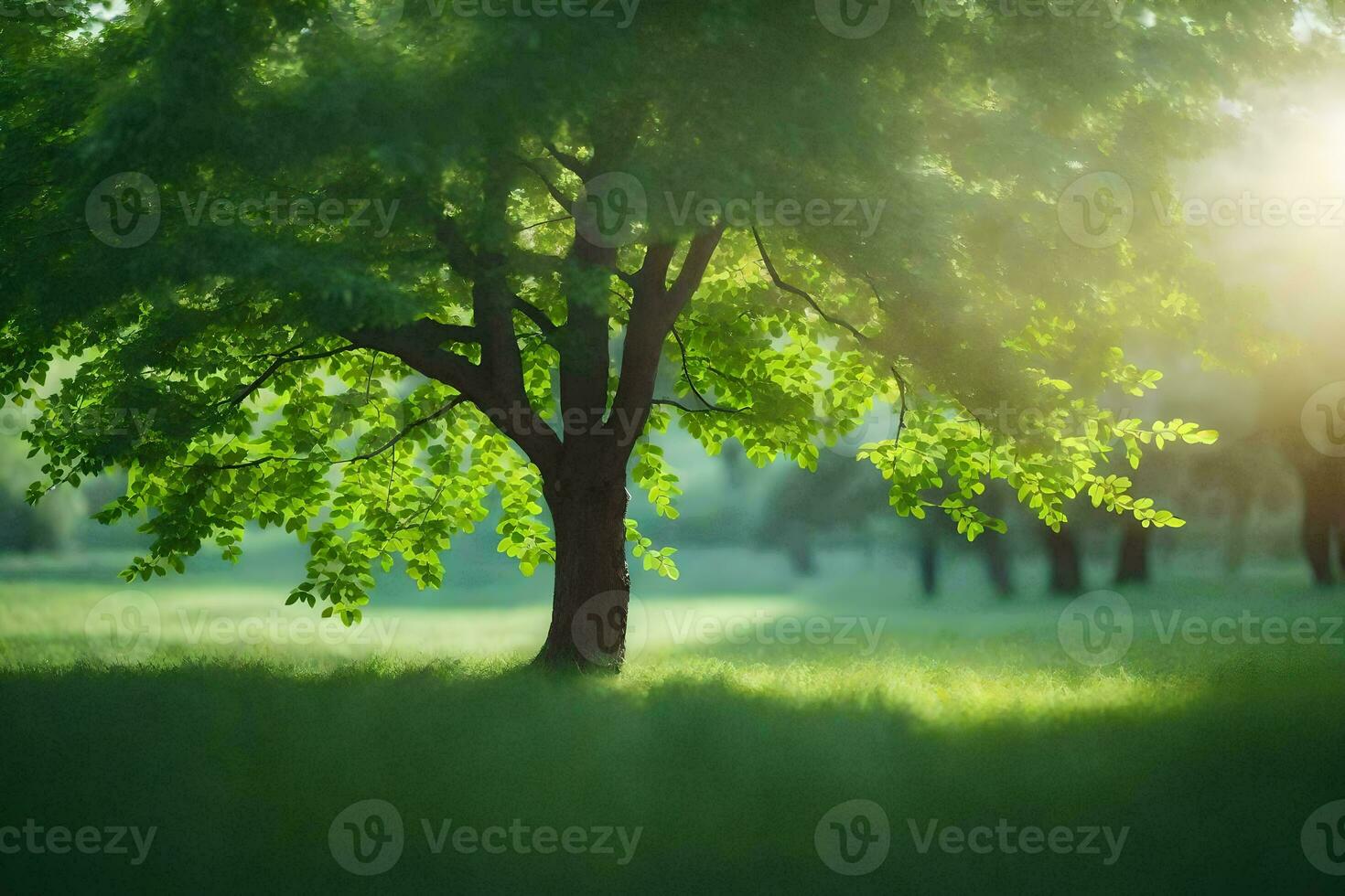 a tree in the middle of a field with sunlight shining through the leaves. AI-Generated photo