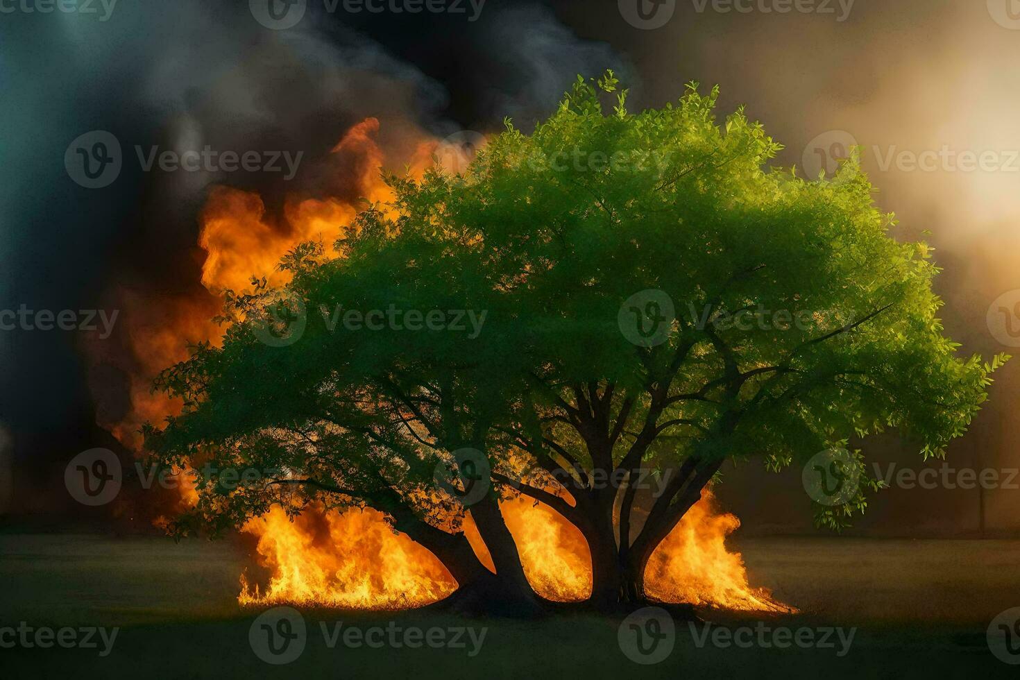 a tree is burning in the middle of a field. AI-Generated photo