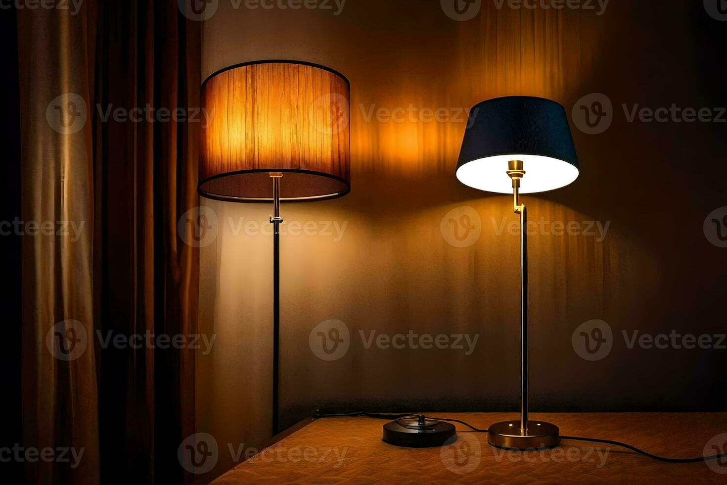 two lamps on a table in front of a curtain. AI-Generated photo