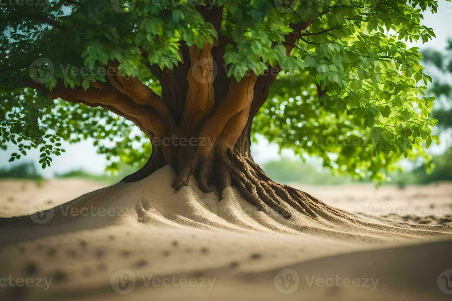 a tree with roots in the sand. AI-Generated photo