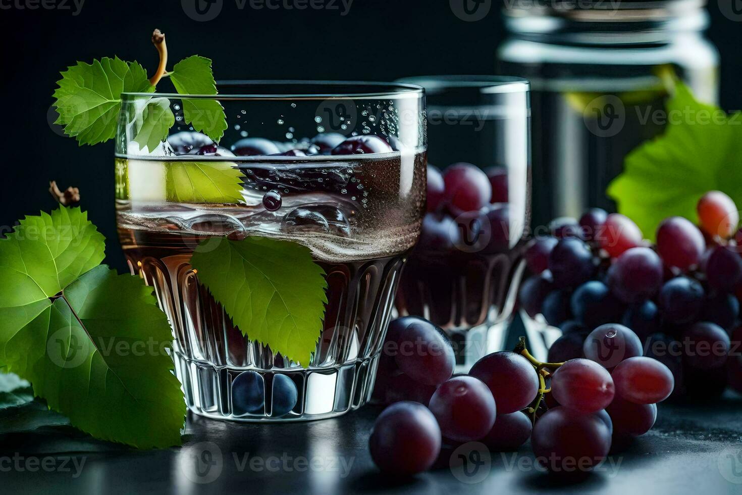 a glass of wine with grapes and leaves. AI-Generated photo