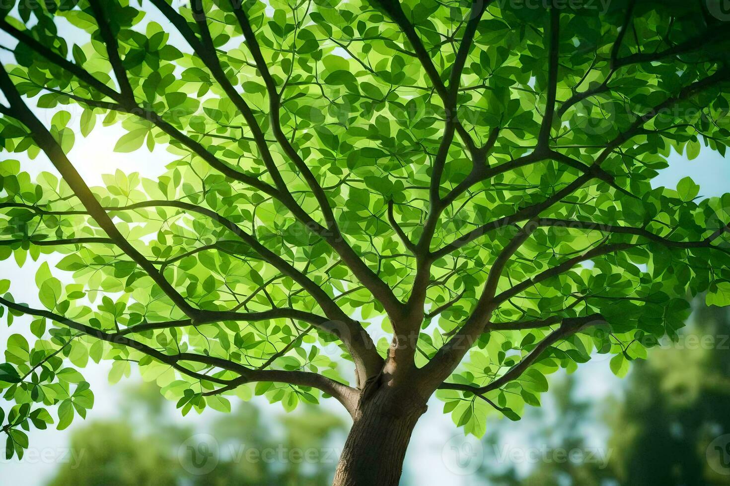 a tree with green leaves and sunlight shining through. AI-Generated photo