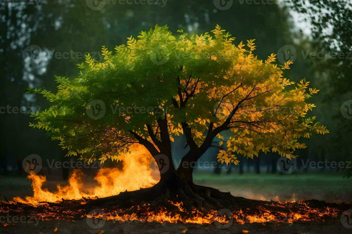 a tree with flames coming out of it. AI-Generated photo