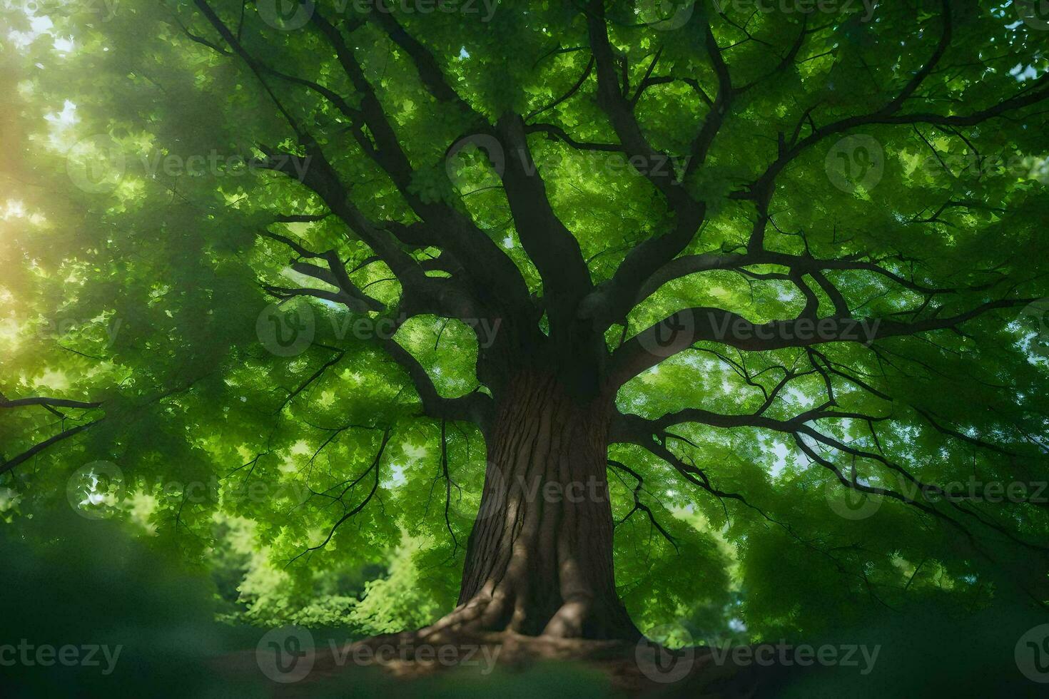the sun shines through the leaves of a large tree. AI-Generated photo