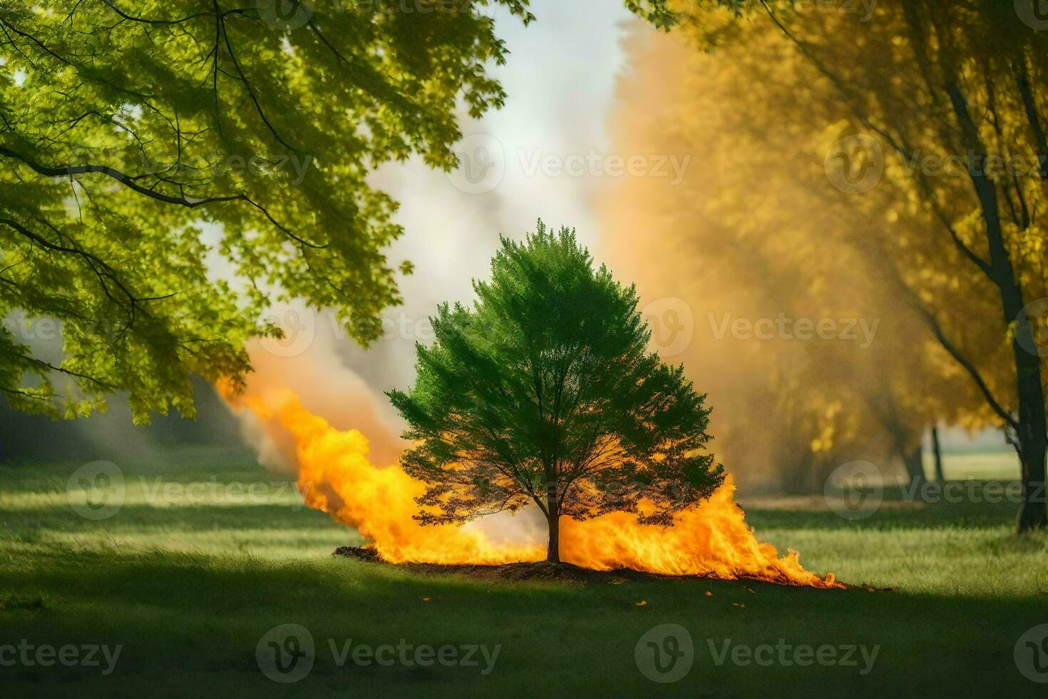 a tree is burning in the grass with smoke coming out of it. AI-Generated photo