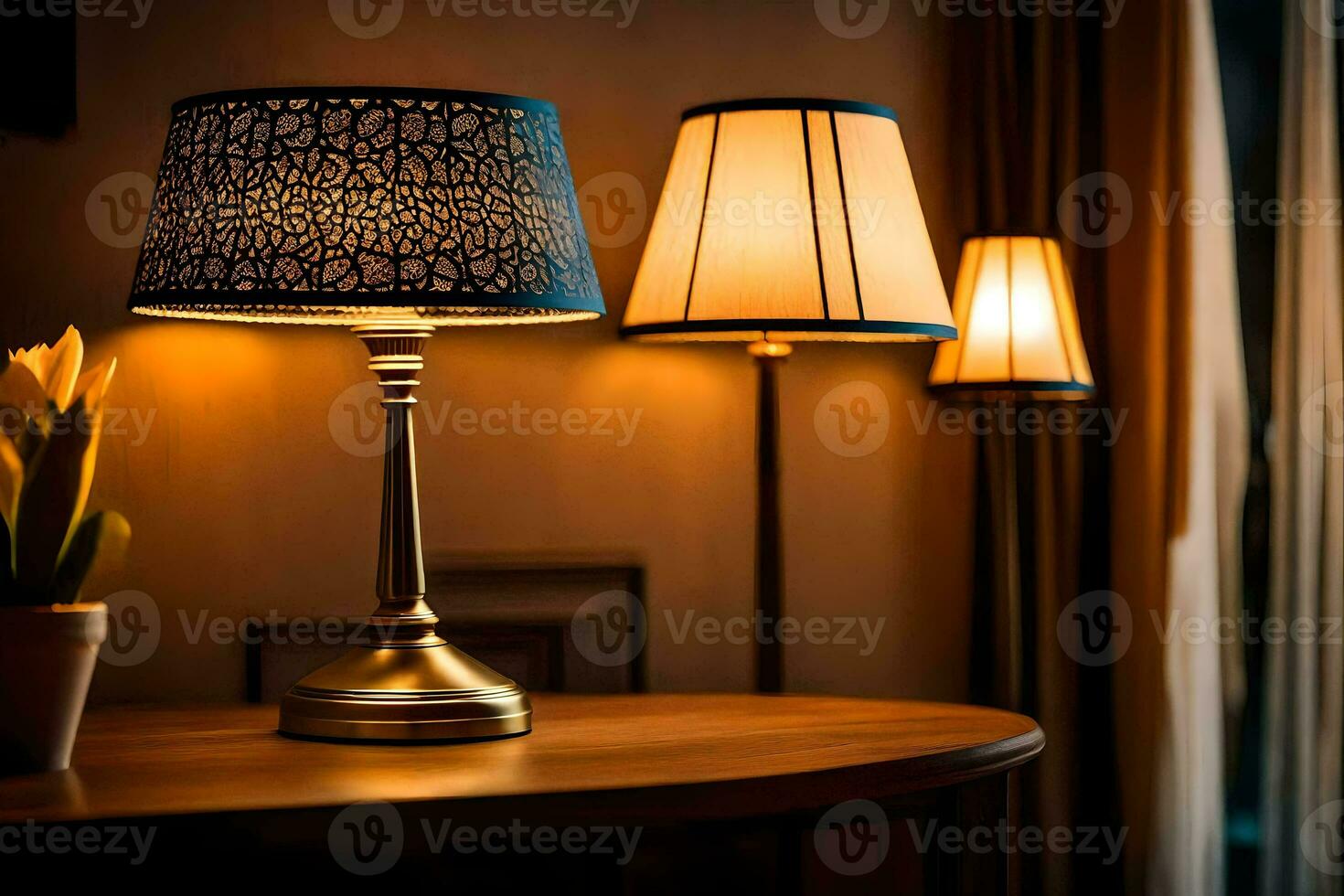 a table with a lamp on it and a lamp on the table. AI-Generated photo