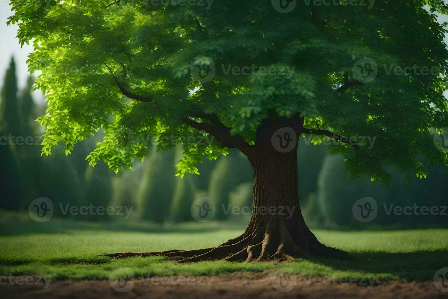 a tree with roots in the middle of a field. AI-Generated photo