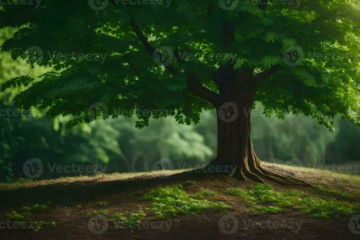 a tree is standing in the middle of a field. AI-Generated photo