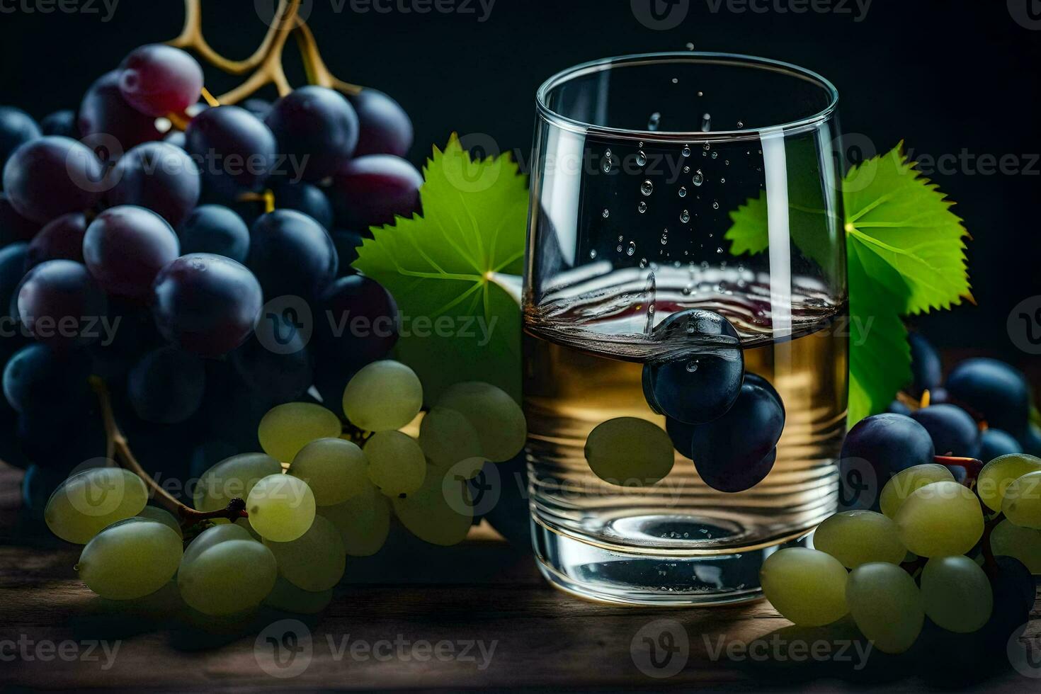 a glass of wine with grapes and leaves. AI-Generated photo