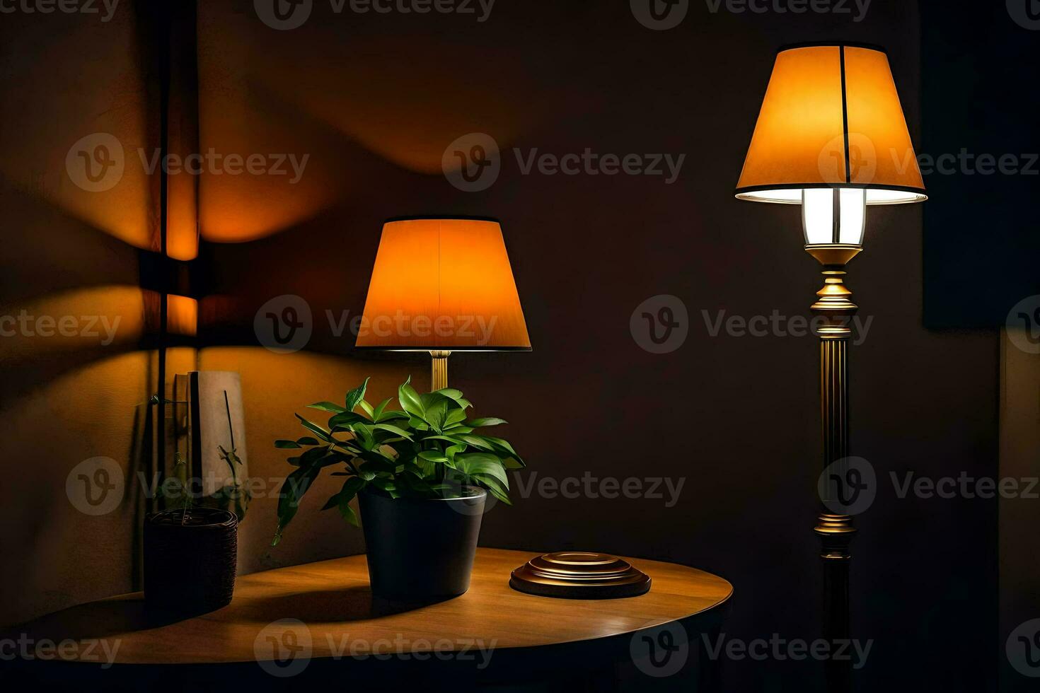 a lamp is on a table next to a plant. AI-Generated photo