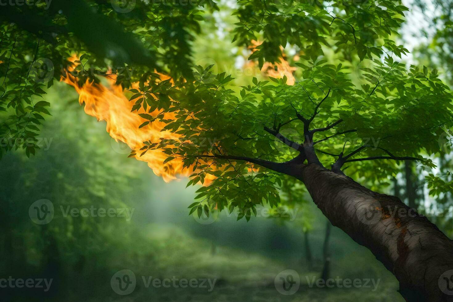 a tree with flames coming out of it. AI-Generated photo