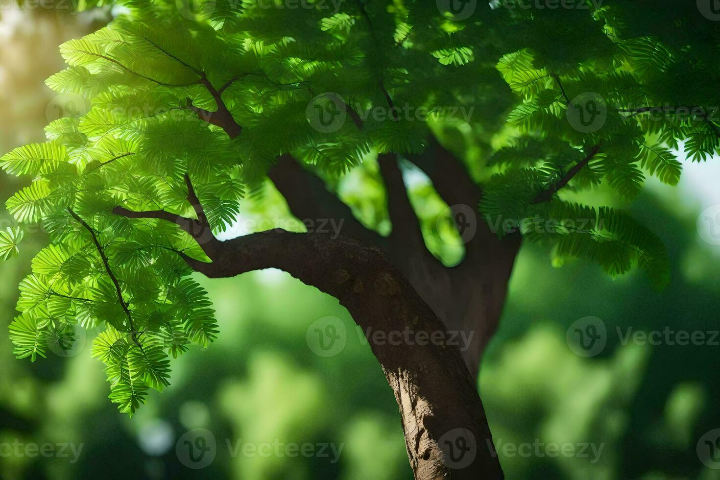 a tree with green leaves in the sun. AI-Generated photo