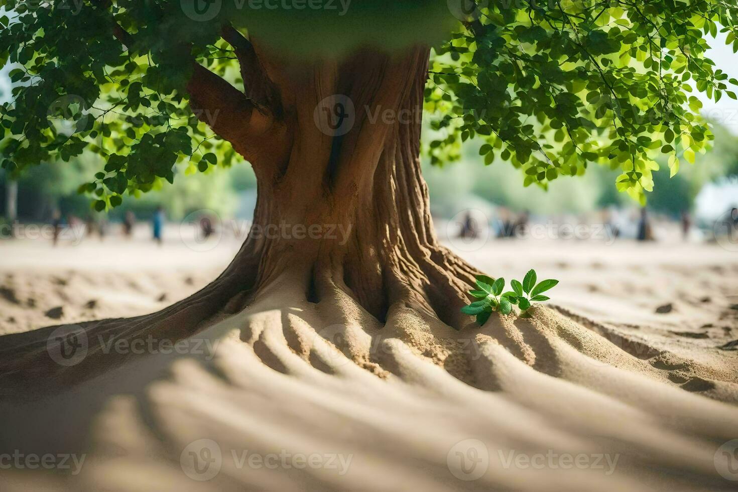 a tree with roots growing out of the sand. AI-Generated photo