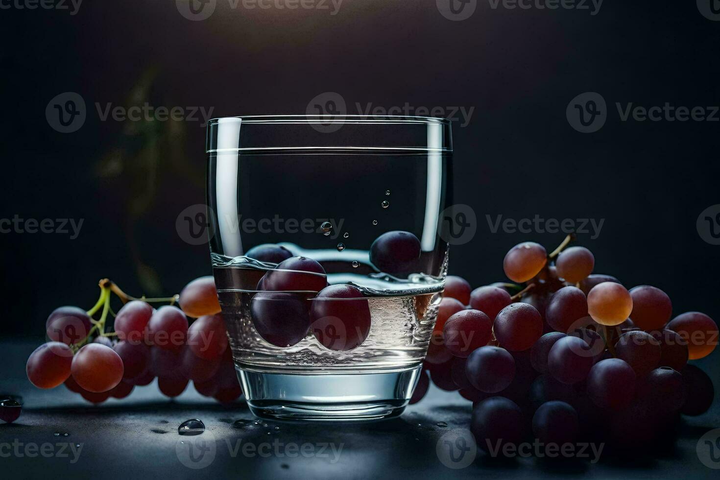 a glass of water with grapes on a dark background. AI-Generated photo