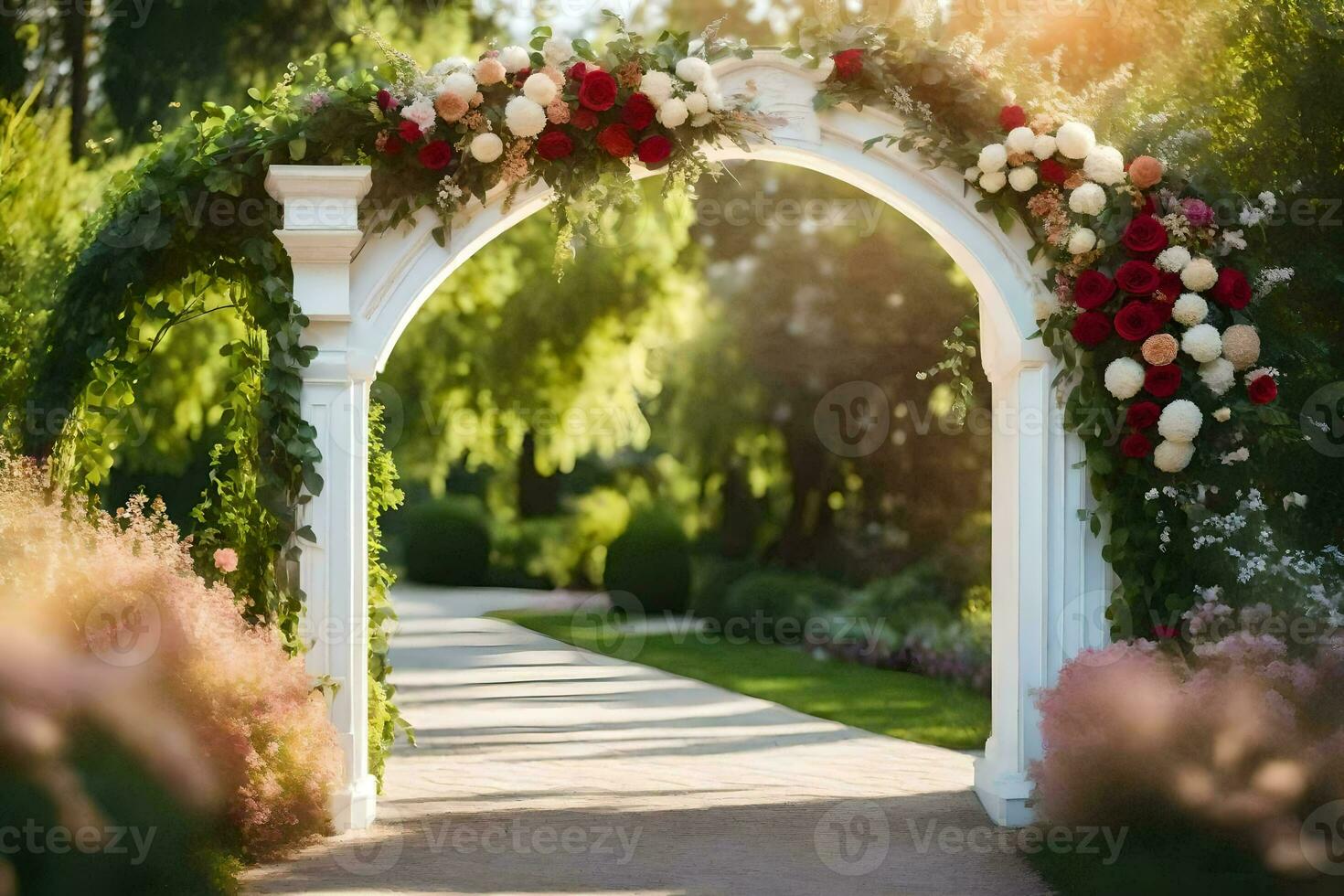 an archway with flowers and greenery. AI-Generated photo