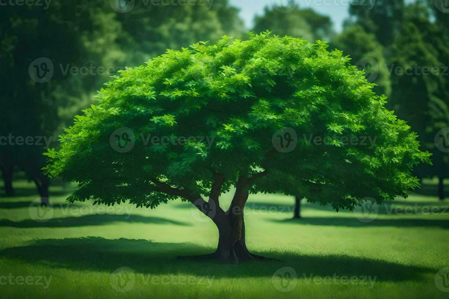 a tree in a green field with trees in the background. AI-Generated photo