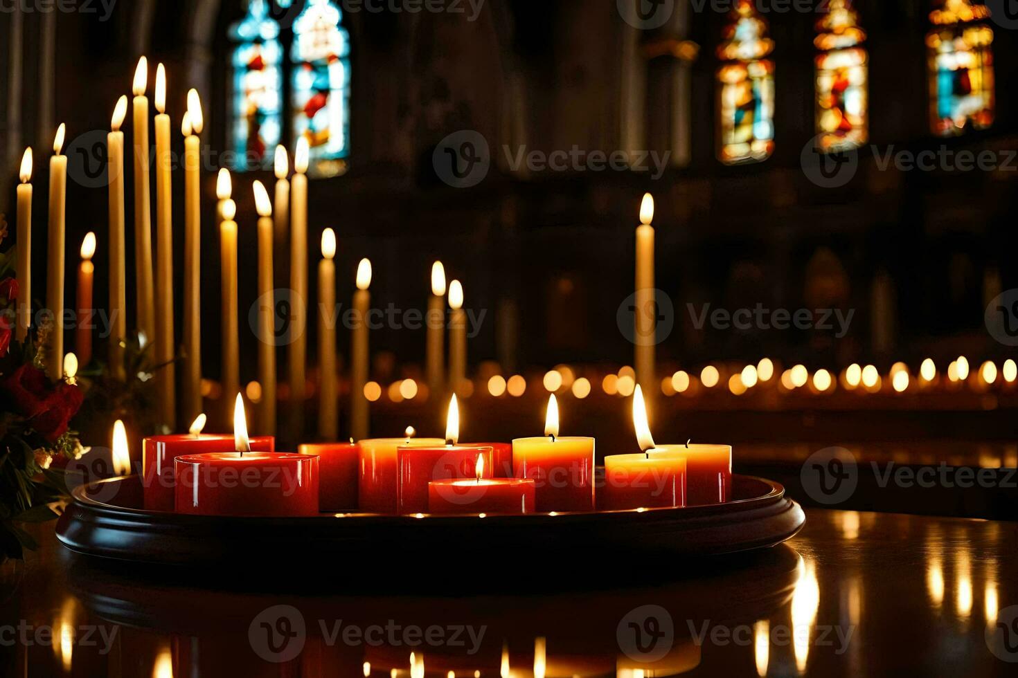 velas son iluminado en un Iglesia con velas generado por ai foto