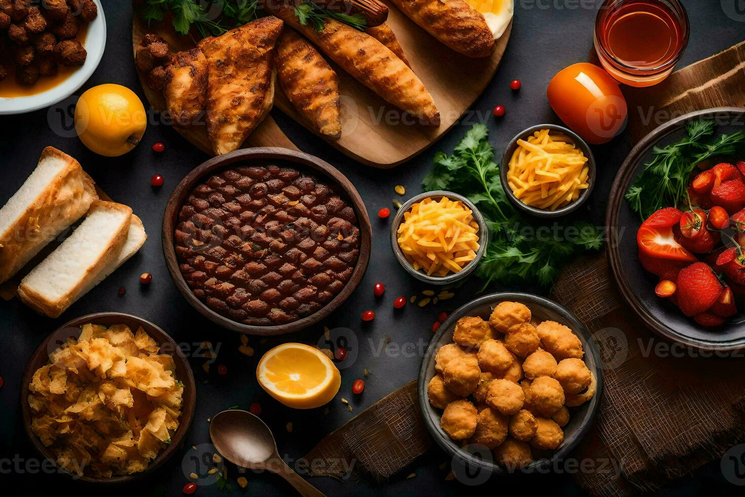 un variedad de comida es mostrado en un mesa. generado por ai foto