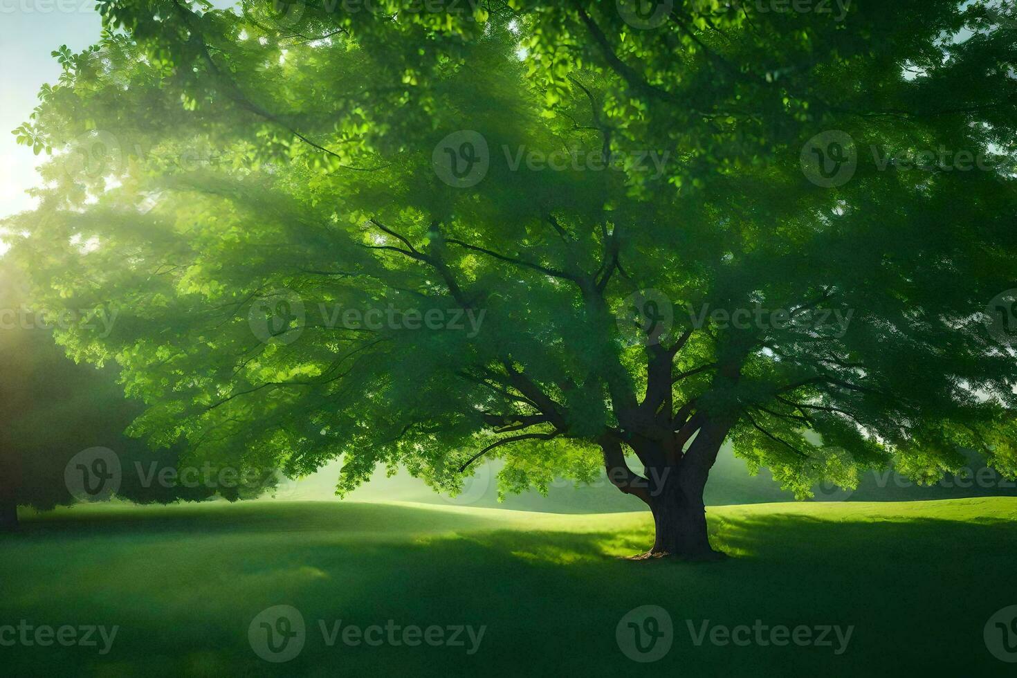 a tree in the middle of a field with the sun shining through. AI-Generated photo