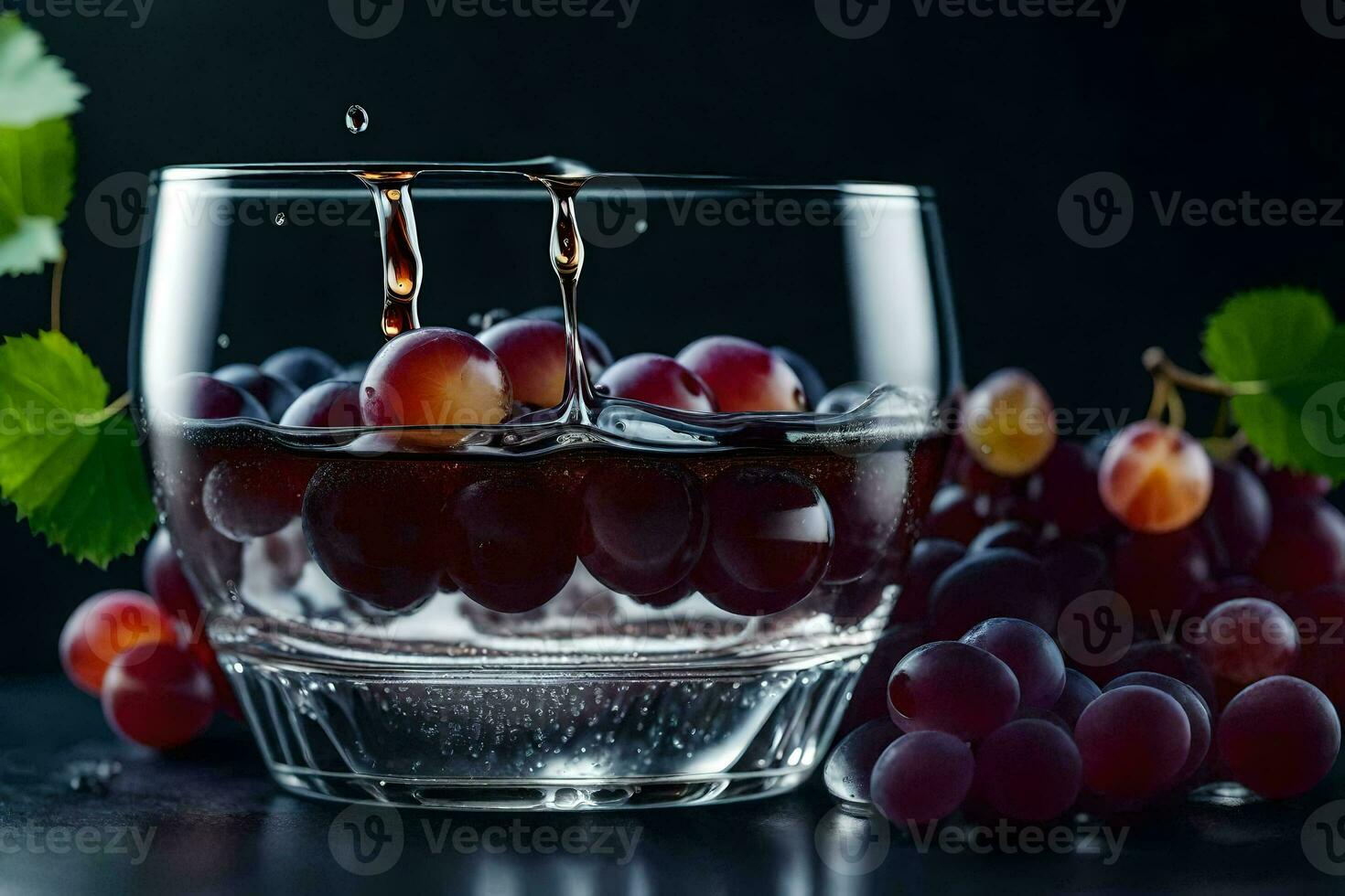 a glass of red wine with grapes on a black background. AI-Generated photo